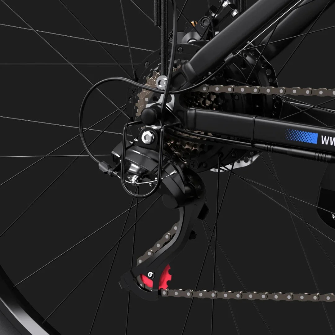 Electric Bike Duotts C29 features a detailed rear derailleur and gear mechanism for smooth shifting.