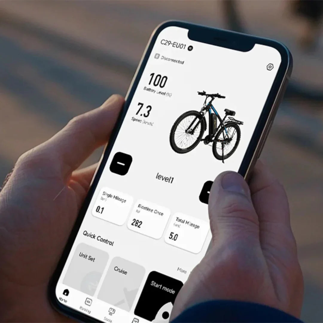 Electric Bike Duotts C29 features a smartphone app displaying battery level, speed, and control options.