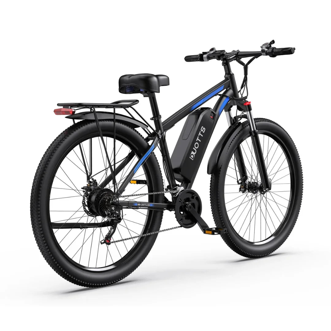 Electric Bike Duotts C29 features a sleek black frame with blue accents, robust tires, and a rear rack.