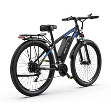 Electric Bike Duotts C29 features a sleek black frame with blue accents, robust tires, and a rear rack.