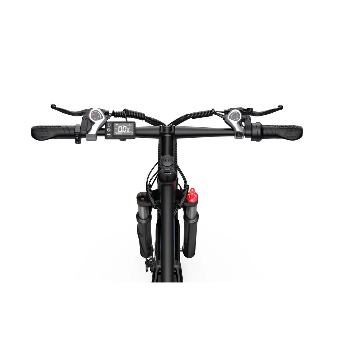 Electric Bike Duotts C29 features a sleek black handlebar setup with digital display, throttle and brakes.