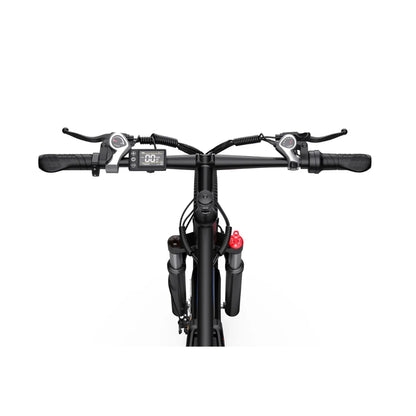 Electric Bike Duotts C29 features a sleek black handlebar setup with digital display, throttle and brakes.