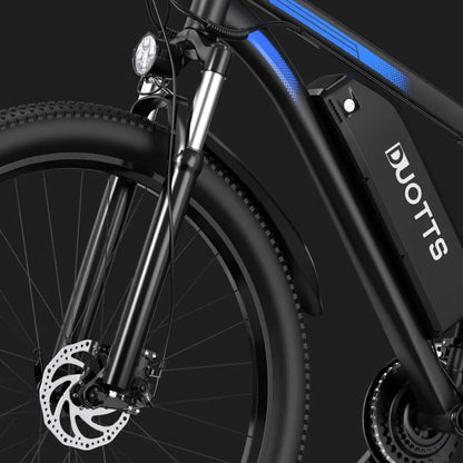 Electric Bike Duotts C29 features a sleek design with a powerful battery, front suspension, and disc brakes.