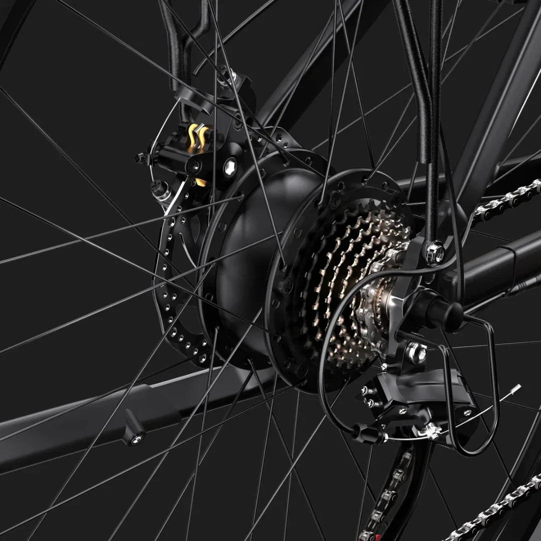 Electric Bike Duotts C29 features a powerful hub motor, sleek black design, and intricate wheel mechanics.