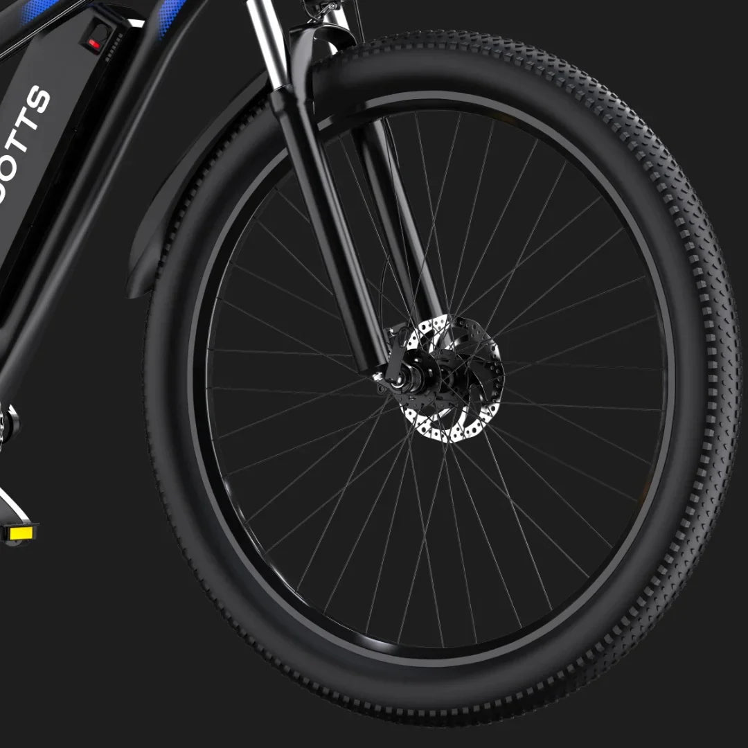 Electric Bike Duotts C29, featuring a robust front wheel, disc brake, and sleek black design for durability.