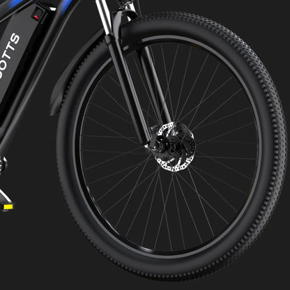 Electric Bike Duotts C29, featuring a robust front wheel, disc brake, and sleek black design for durability.