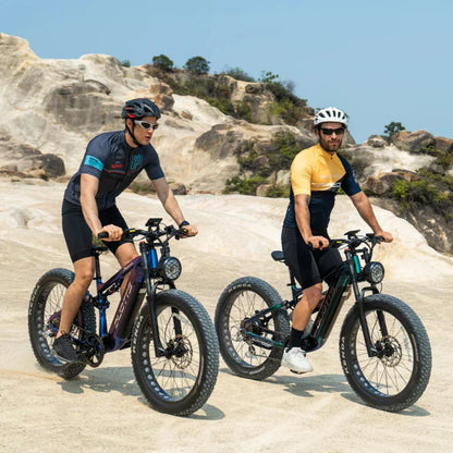 Electric Bike Duotts E26, two riders on rugged terrain, fat tires, vibrant colors, outdoor adventure.