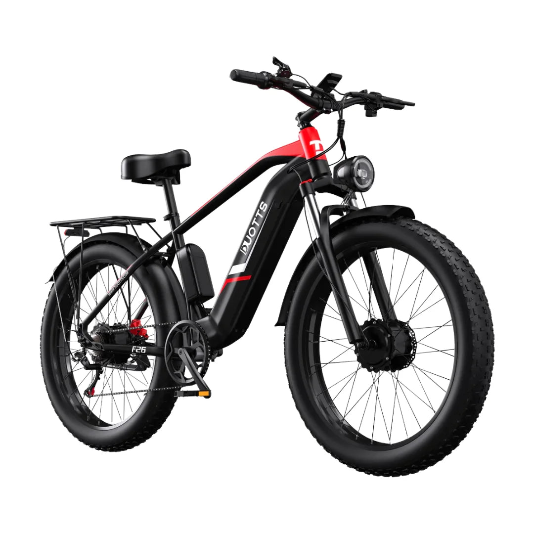 Electric Bike Duotts F26 features a sleek black frame with red accents, large fat tires, and a rear rack.