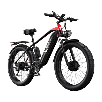 Electric Bike Duotts F26 features a sleek black frame with red accents, large fat tires, and a rear rack.