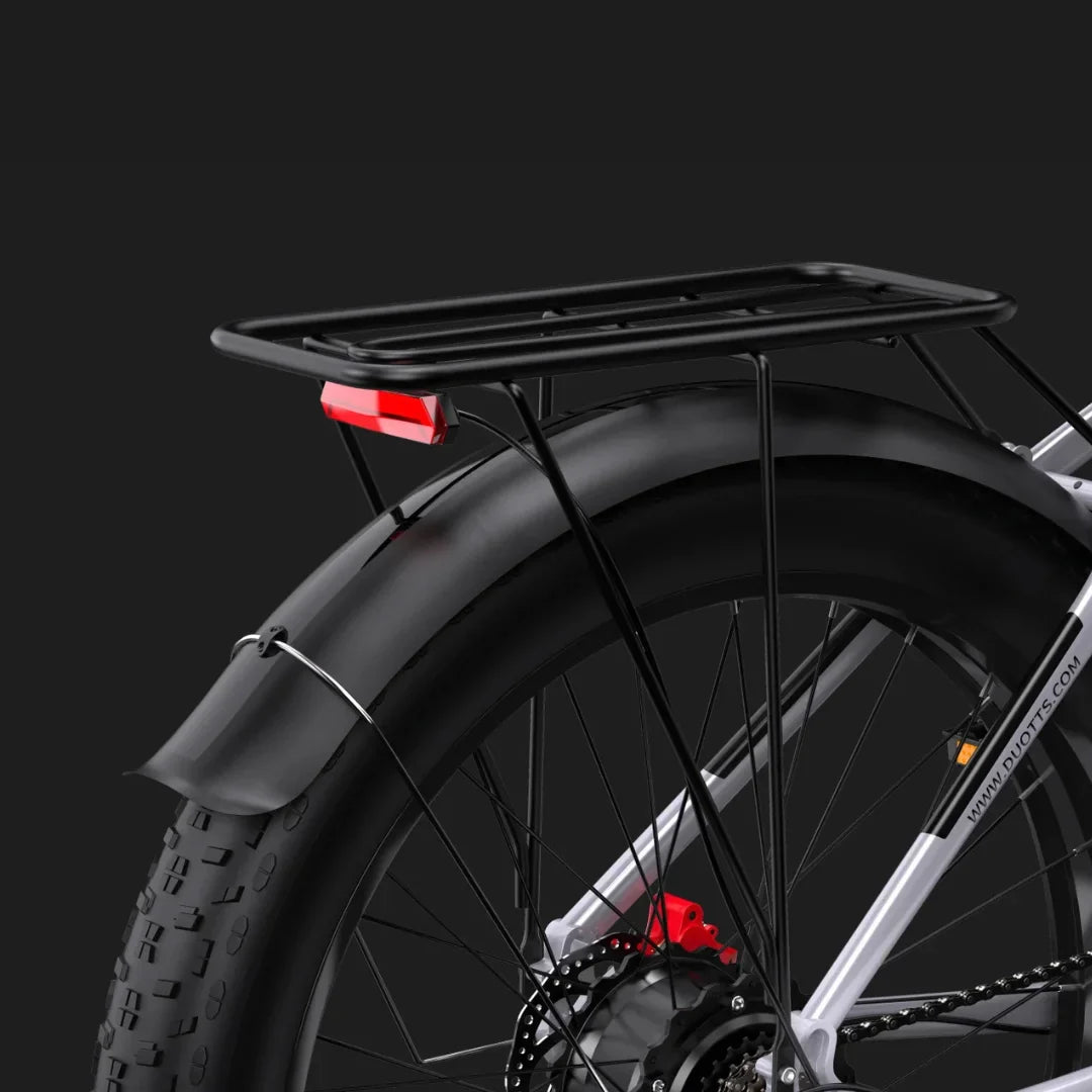 Electric Bike Duotts F26 features a sturdy rear rack, large fat tire, and reflective tail light for safety.