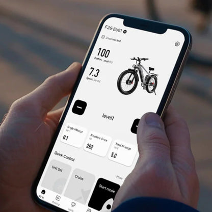 Electric Bike Duotts F26, smart app interface shows battery, speed, and ride stats for optimal control.