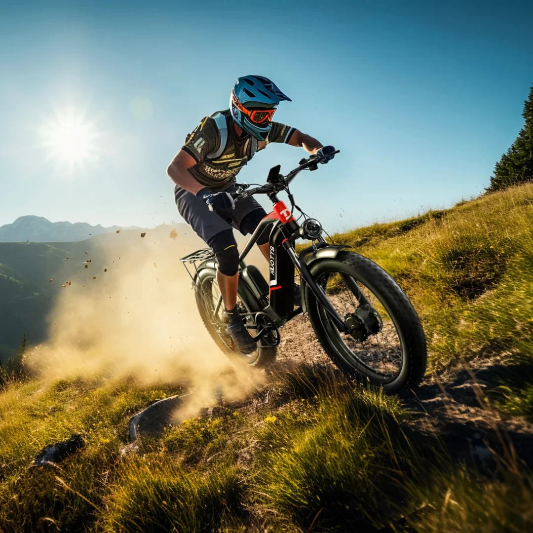 Electric Bike Duotts F26, a rugged e-bike soaring through dust and grass on a sunny trail.