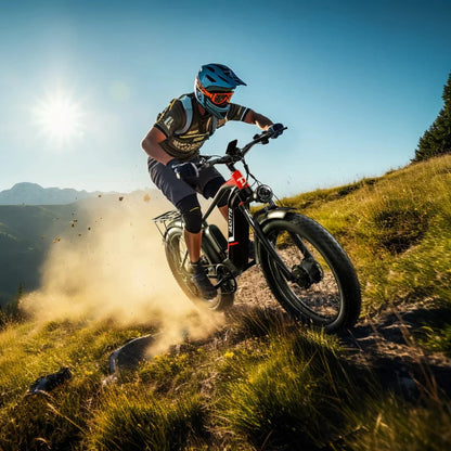 Electric Bike Duotts F26, a rugged e-bike soaring through dust and grass on a sunny trail.