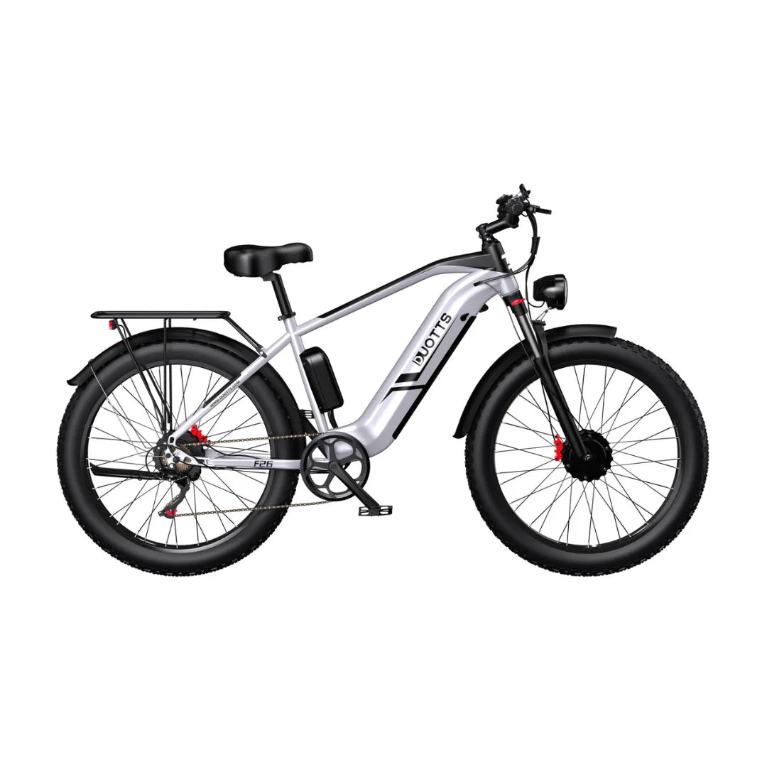 Electric Bike Duotts F26 features a sleek silver frame, sturdy fat tires, and a powerful battery.