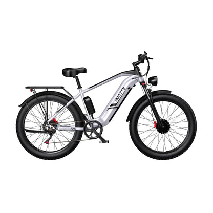 Electric Bike Duotts F26 features a sleek silver frame, sturdy fat tires, and a powerful battery.