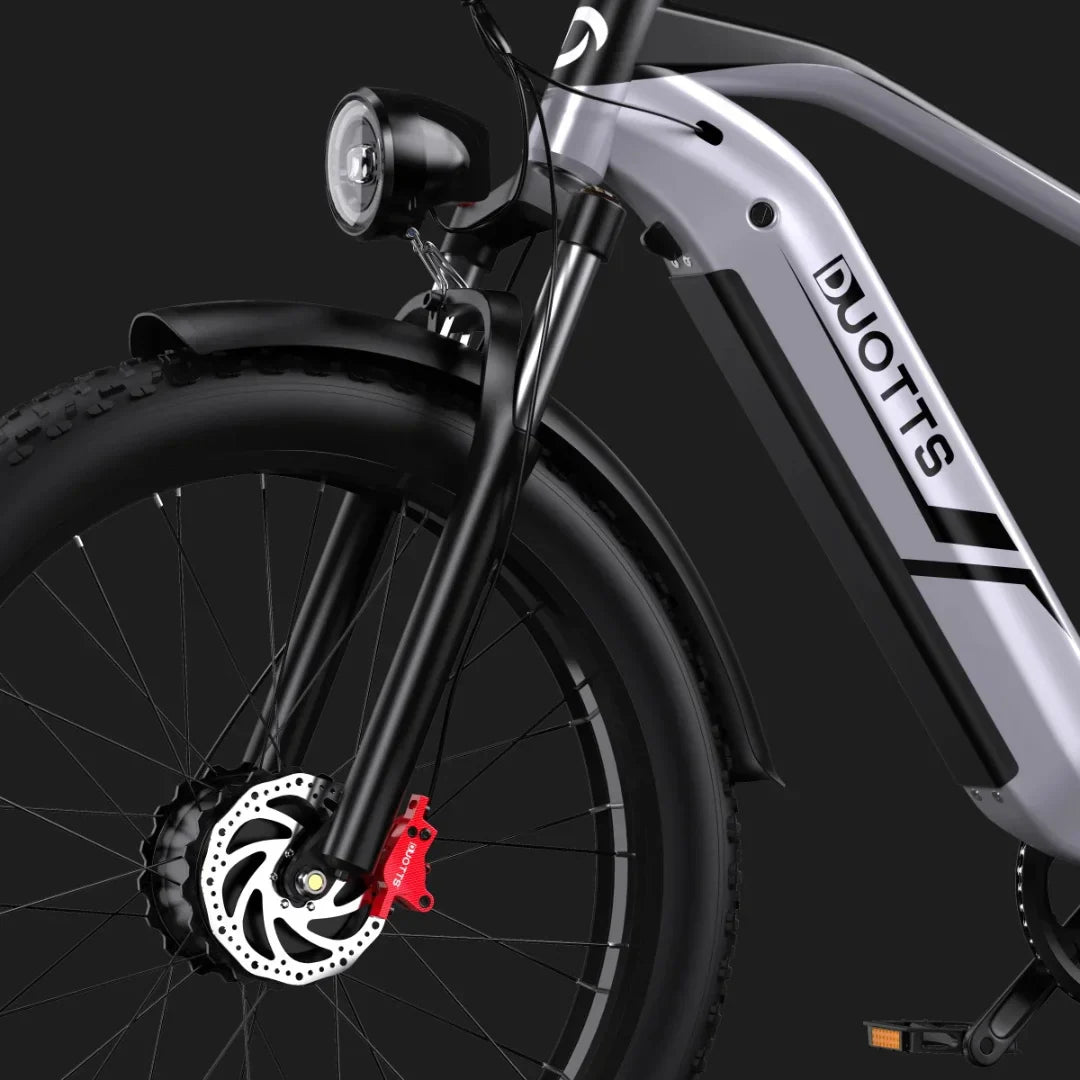 Electric Bike Duotts F26 features a robust design, dual suspension, sleek frame, and powerful front light.