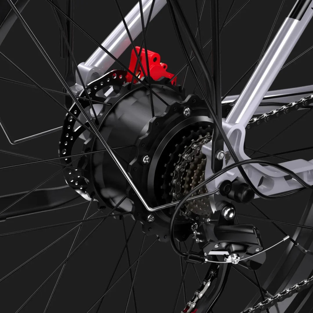 Electric Bike Duotts F26 features a powerful rear hub motor, intricate gear system, and sleek design elements.