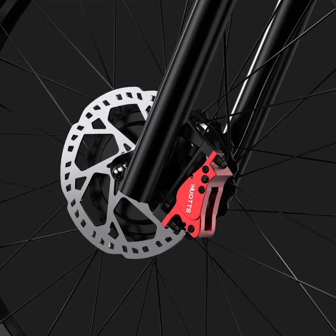 Electric Bike Duotts S26 features a sleek design with a red brake caliper and detailed disc brake system.