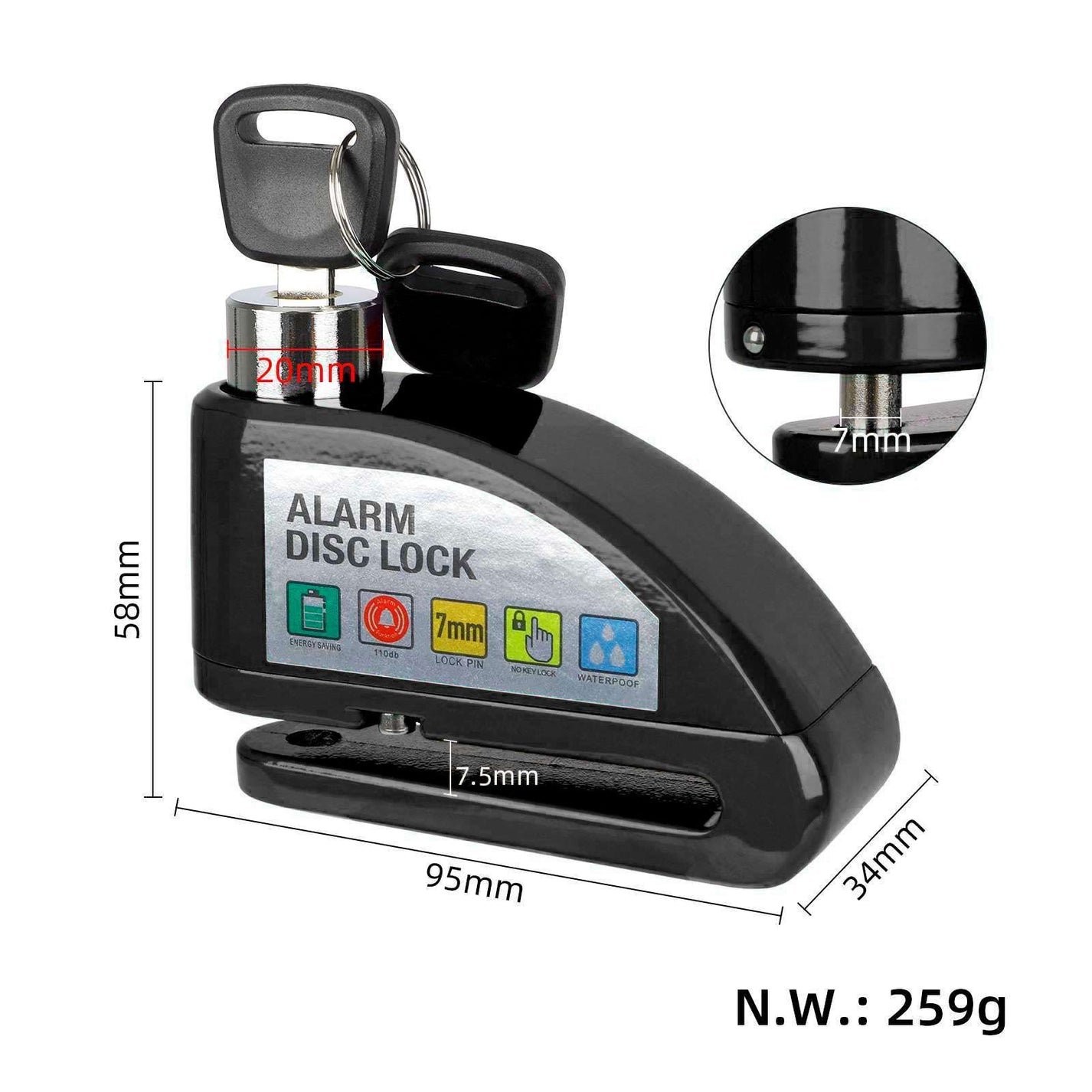 Disc Lock with Alarm – dimensions and weight infographic