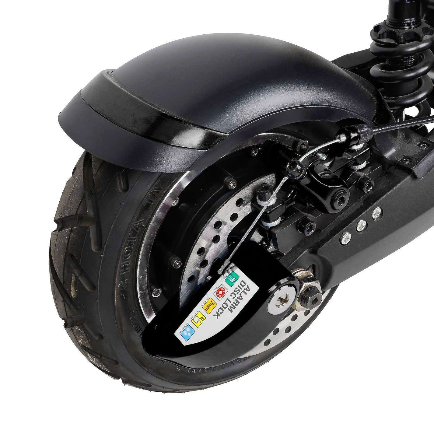 Disc Lock with Alarm – disc lock attached to scooter wheel