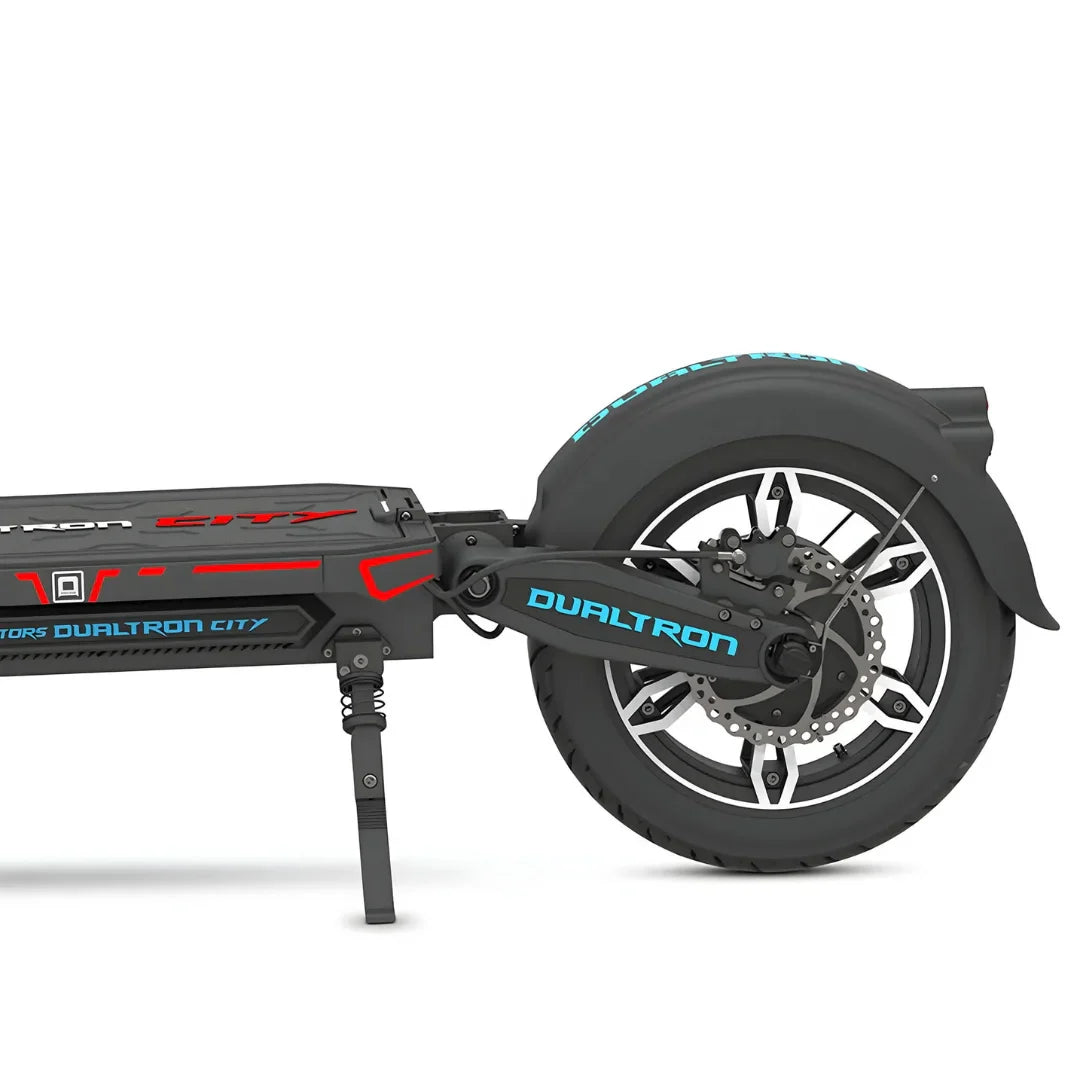 Electric Scooter Dualtron City features a sleek design, sturdy rear wheel, advanced suspension, and dynamic graphics.
