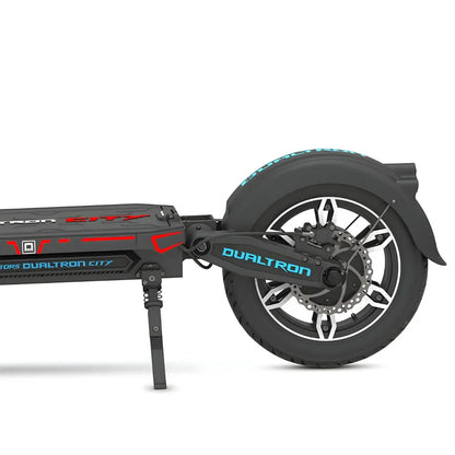 Electric Scooter Dualtron City features a sleek design, sturdy rear wheel, advanced suspension, and dynamic graphics.
