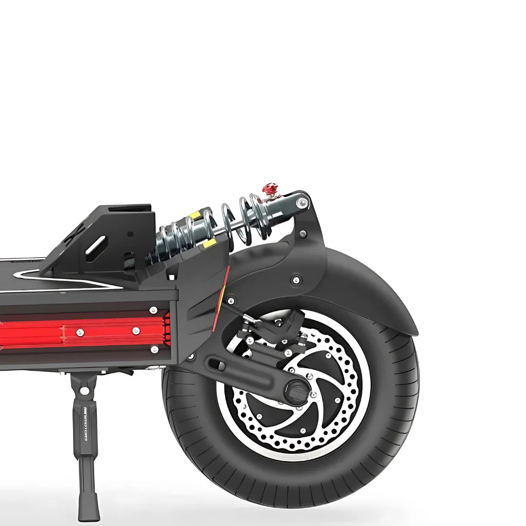 A close-up of the Dualtron X Limited electric scooter showing the rear wheel and suspension system