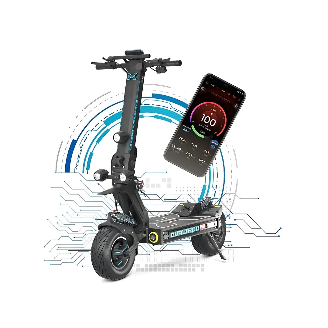 Dualtron X Limited electric scooter with smartphone showing speed and stats next to it