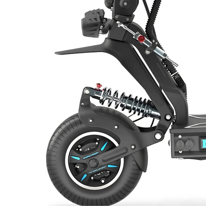 A close-up shot of the Dualtron X Limited electric scooter showing the rear suspension and wheel