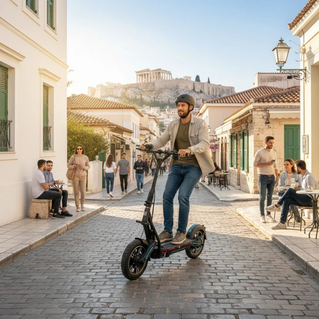 Electric scooter Dualtron City – person riding on cobblestone street