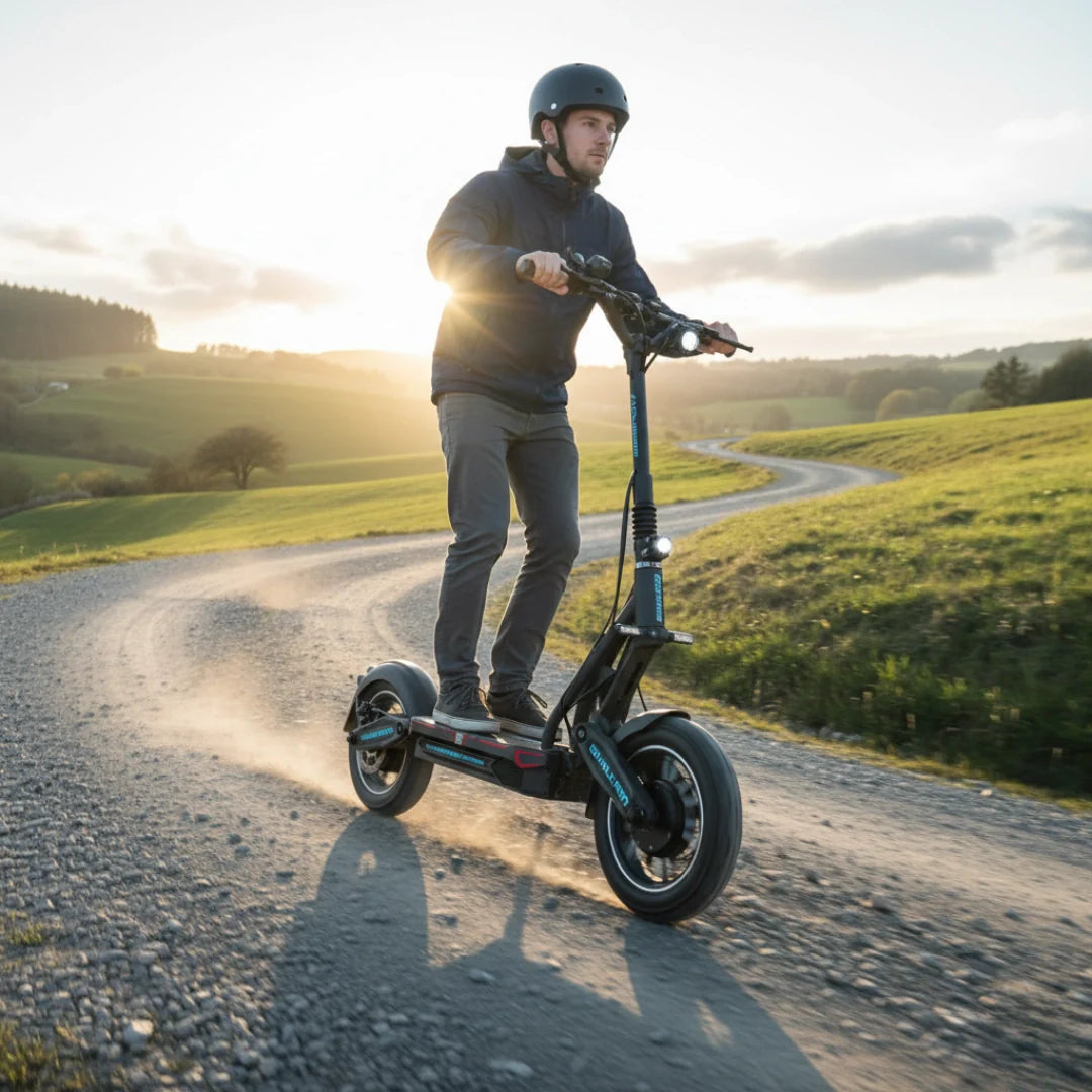 Electric scooter Dualtron City – man riding scooter on dirt road