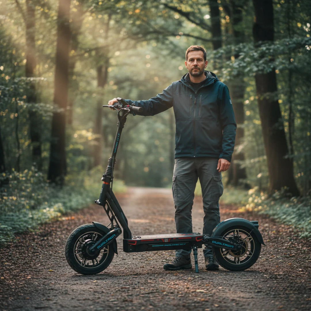 Electric scooter Dualtron City – man standing with scooter in forest