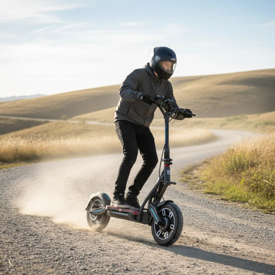 Electric scooter Dualtron City – person riding on dirt road