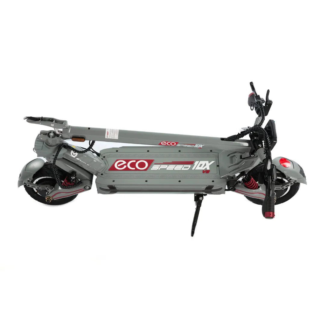 Electric Scooter Eco Speed 10x V2 features a sleek gray design, compact folding mechanism, and sturdy construction.