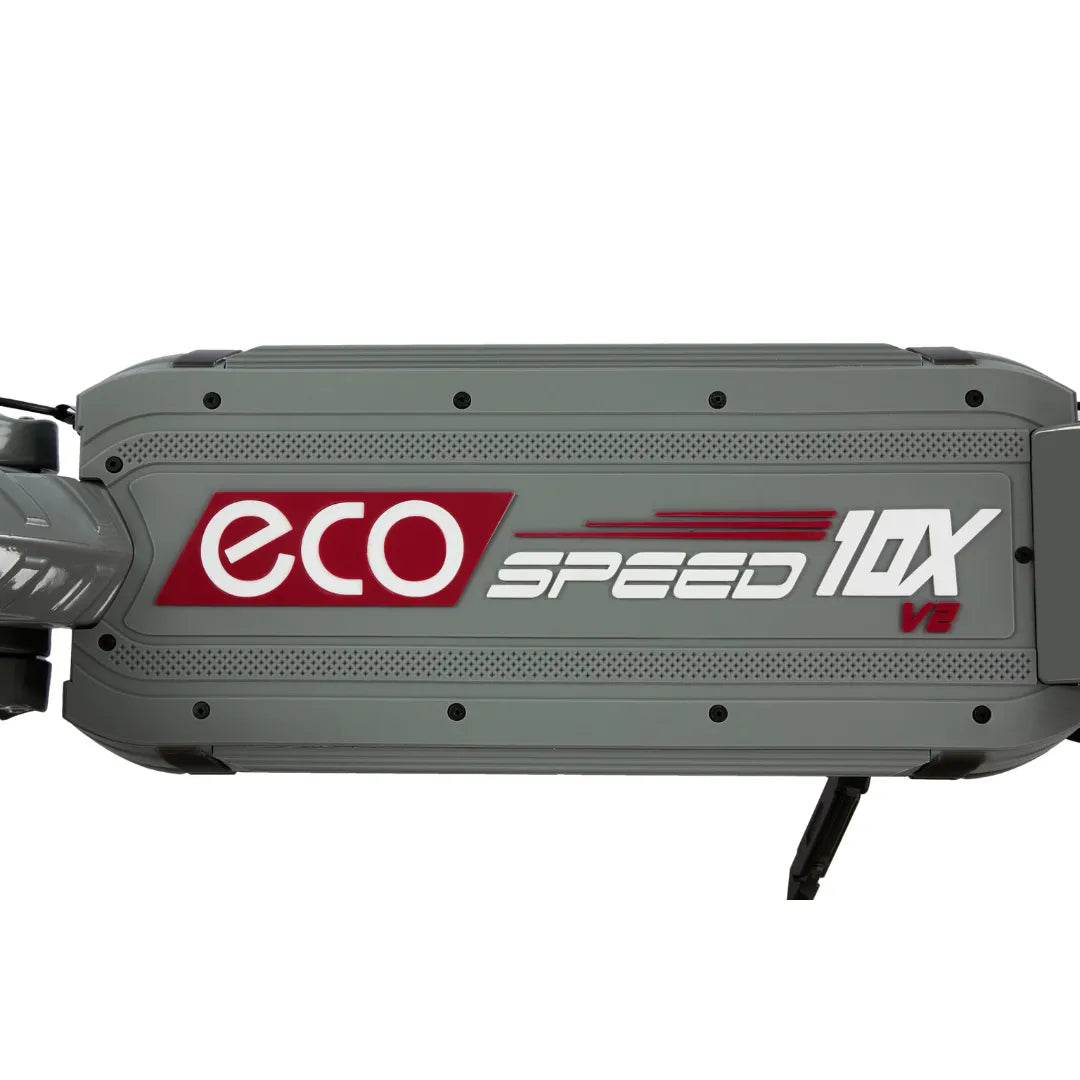 Electric Scooter Eco Speed 10x V2 features a sleek gray design with vibrant branding for style and visibility.
