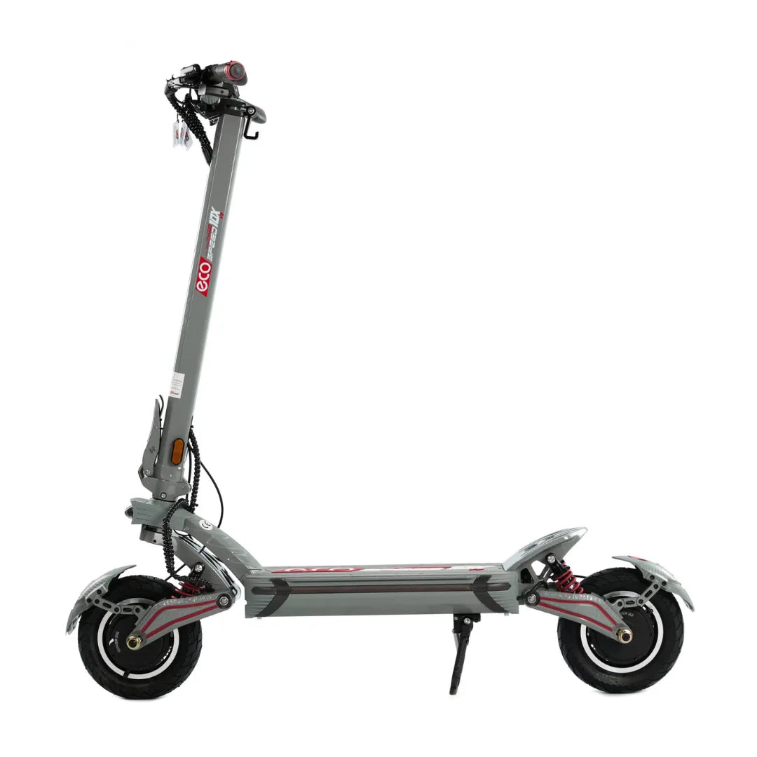 Electric Scooter Eco Speed 10x V2 features a sleek grey design, sturdy frame, large wheels, and a comfortable deck.