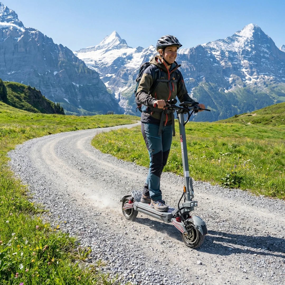 Electric scooter ECO Speed 10X V2 – woman riding on gravel path, mountains in background