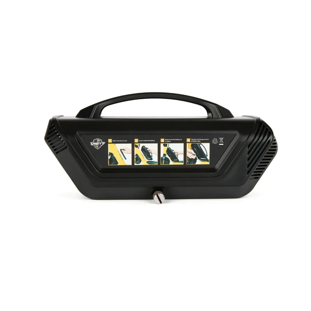 Electric Scooter Eco Speed Mini, sleek black battery cover featuring instructional graphics and handle.