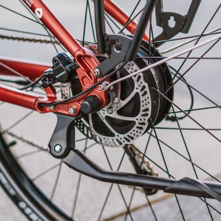 Electric Bike Econo Apes Eer4, close-up of rear wheel with red frame details and disc brake system.