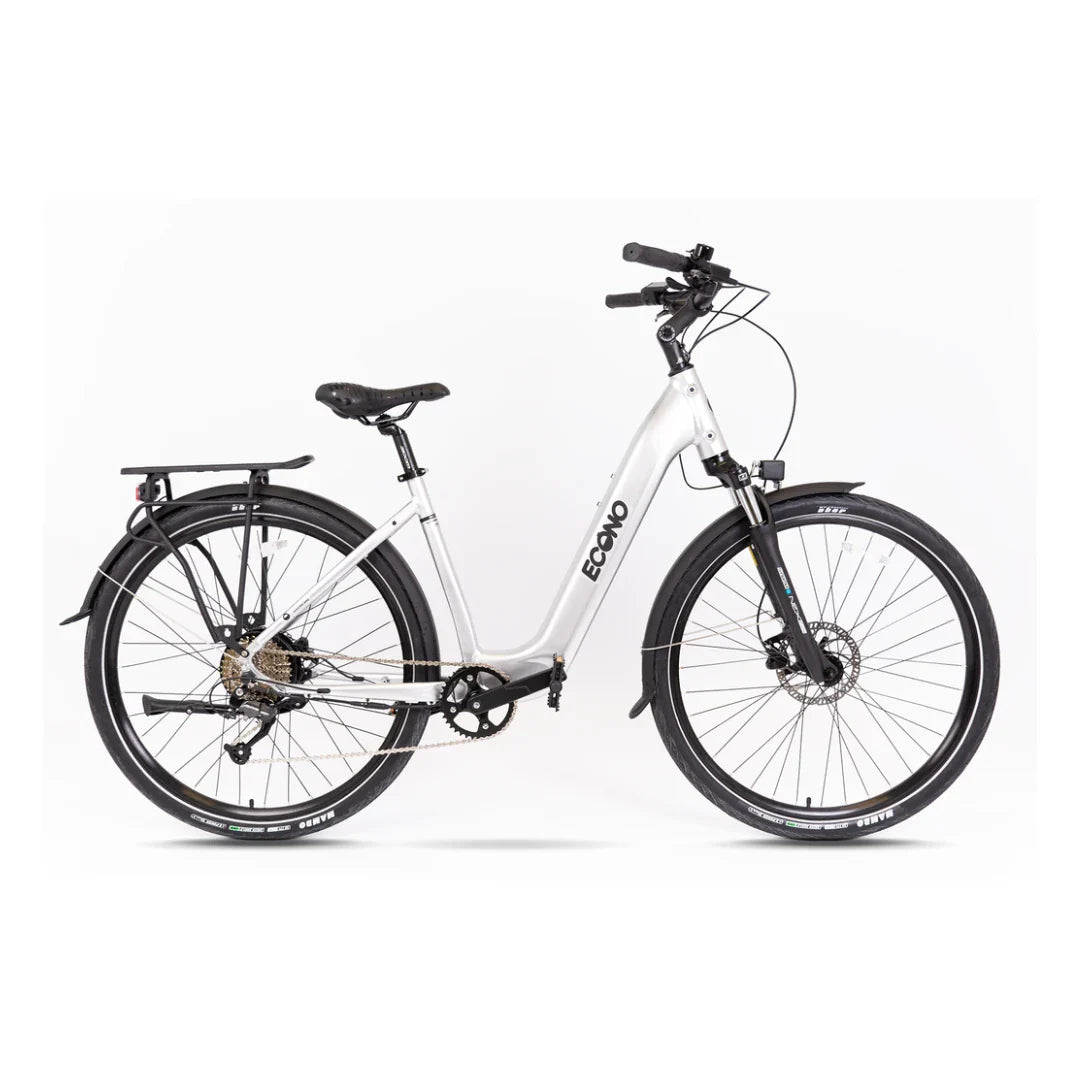 Electric Bike Econo Apes Eer4, sleek silver design, comfortable step-through frame, equipped with disc brakes.