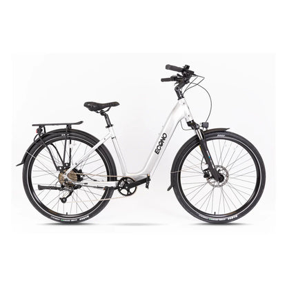 Electric Bike Econo Apes Eer4, sleek silver design, comfortable step-through frame, equipped with disc brakes.
