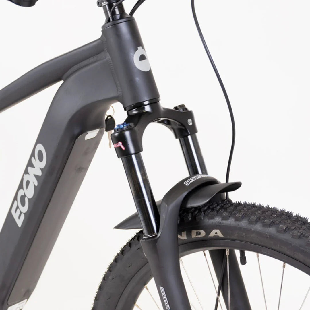 Mountain Electric Bike Econo Gams Mtb C5, close-up of the front suspension and tire, sleek black design.