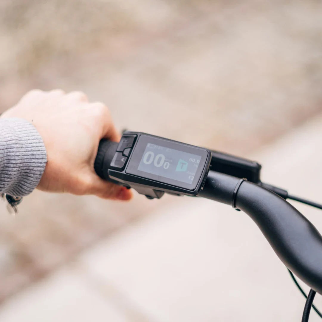 A hand grips the handlebar of an electric bike Econo Gams SUV C6, featuring a digital display showing speed and other metrics