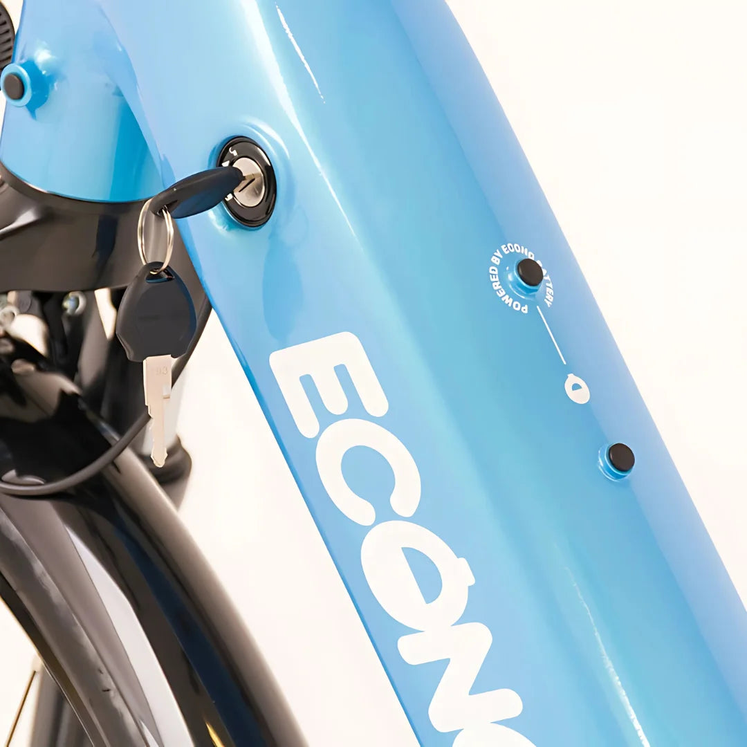 Electric bicycle Econo Mare City EEC4LK – battery lock and charging port close-up