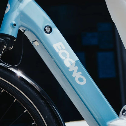 Electric Bike Econo Mare City Eecalk Auto, sleek blue frame, visible battery compartment, modern design.
