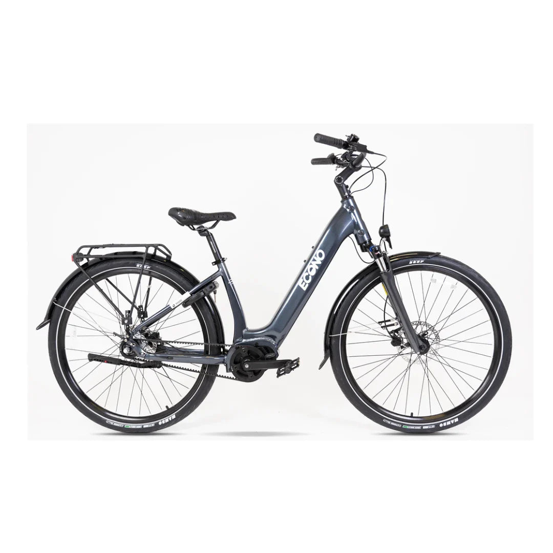 Electric Bike Econo Mare City Eecalk Auto features a sleek gray frame, comfortable seat, and sturdy tires.