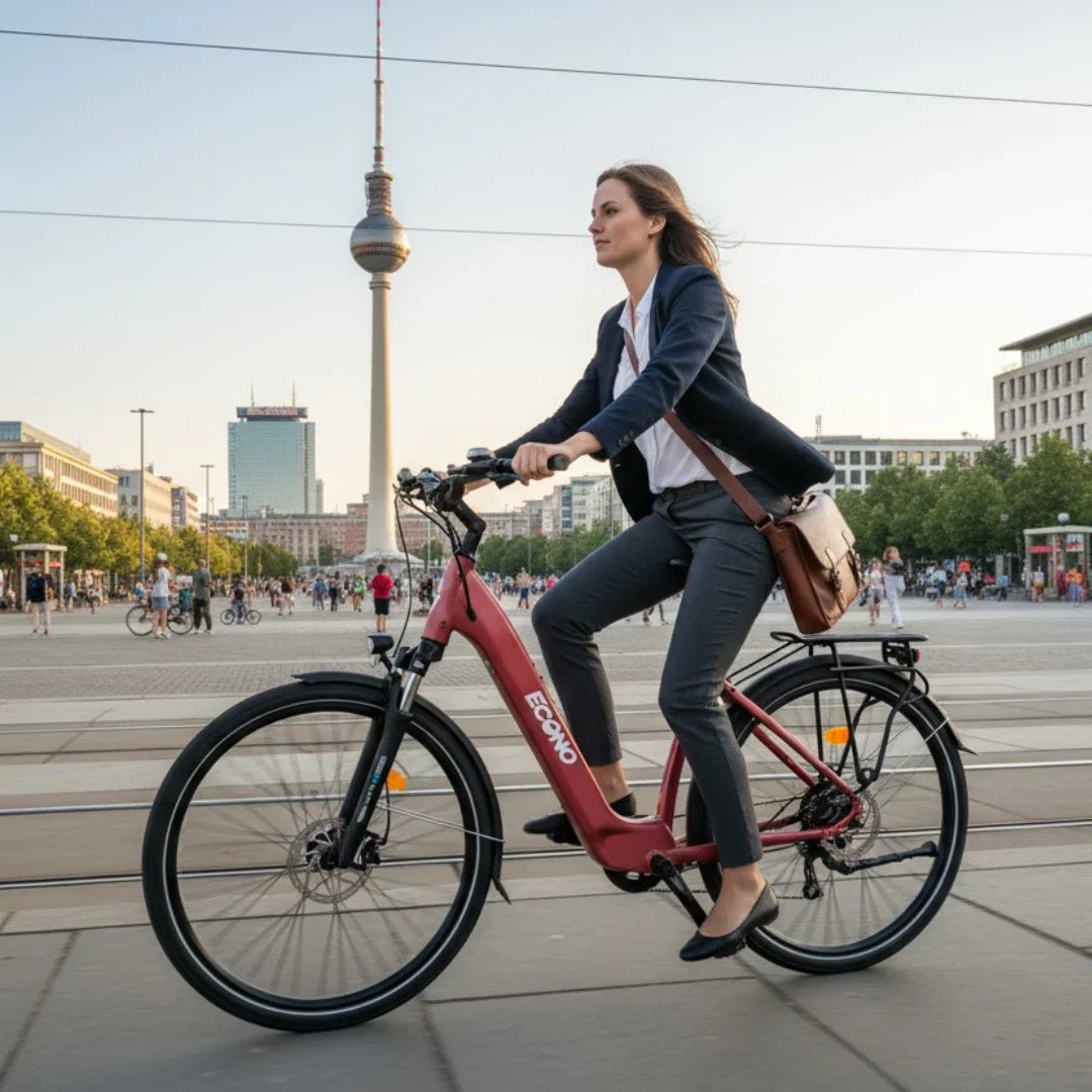 Electric bicycle ECONO Apes CITY EER4 – woman riding red bicycle in city