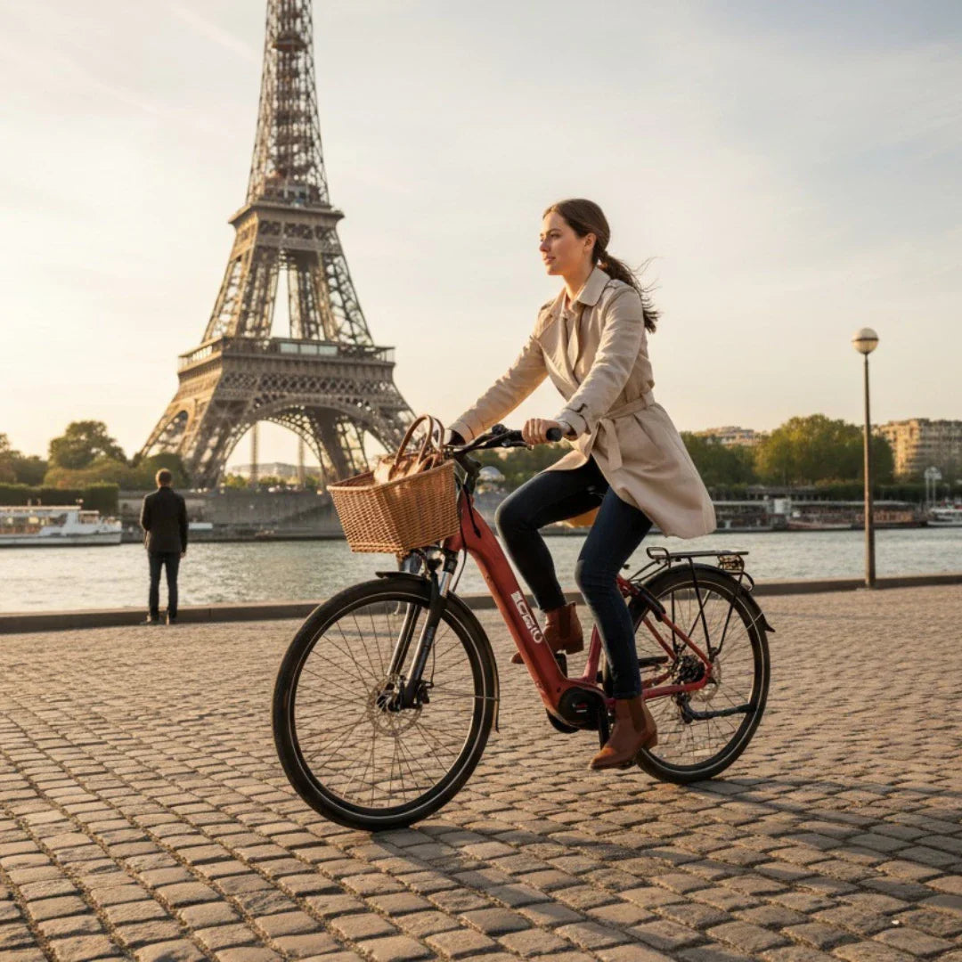 Electric bicycle ECONO Apes CITY EER4 – woman riding red bicycle by Eiffel Tower