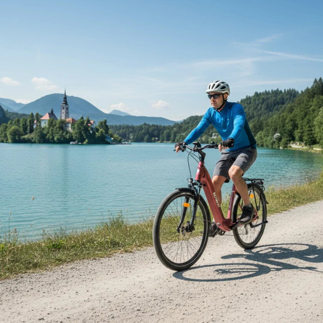 Electric bicycle ECONO Apes CITY EER4 – man riding red bicycle by lake