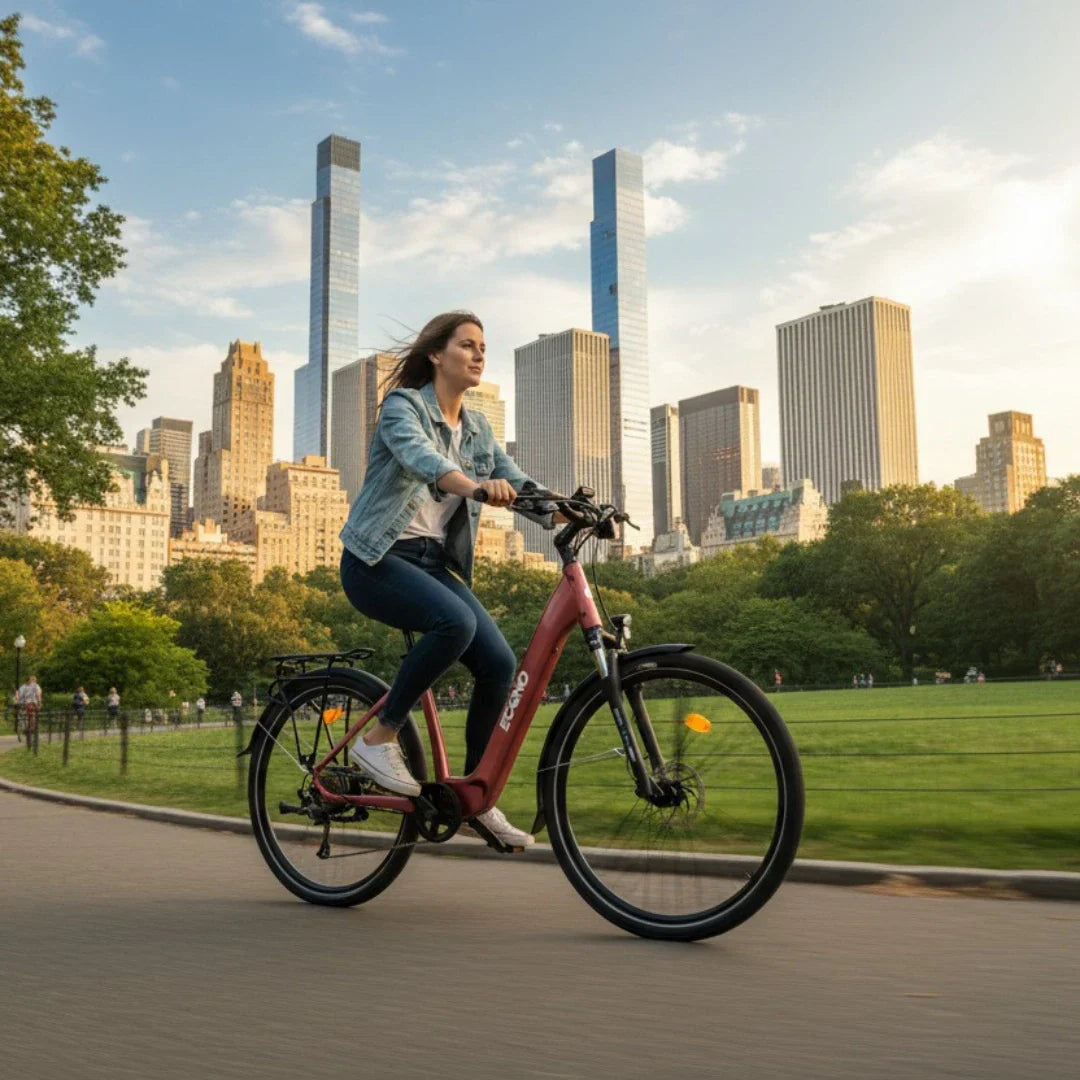 Electric bicycle ECONO Apes CITY EER4 – woman riding red bicycle in park
